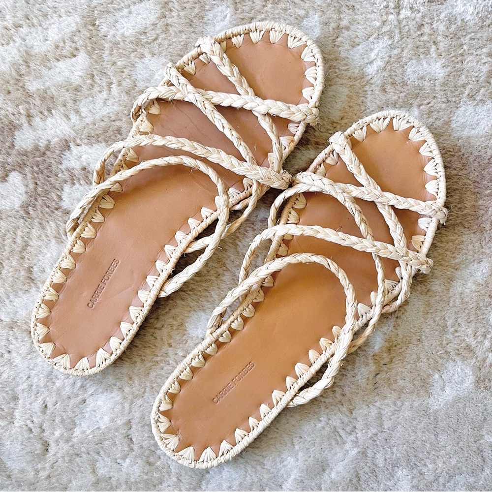 Carrie Forbes Boho Straw Braided Strappy Slip On Sandal In Natural Beige Size 40